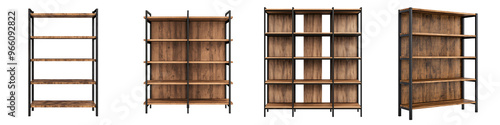 A 3D model of a high-end minimalist wood and metal bookshelf isolated on white and transparent background