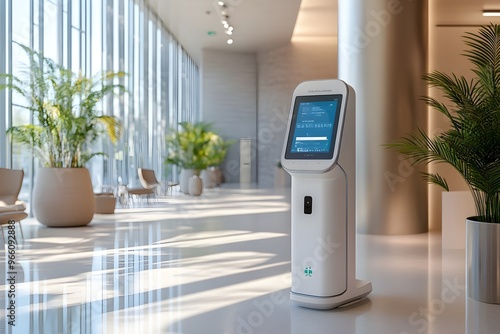 Futuristic Digital Health Kiosk with Interactive Touchscreens and Biometric Scanners in Bright Public Setting