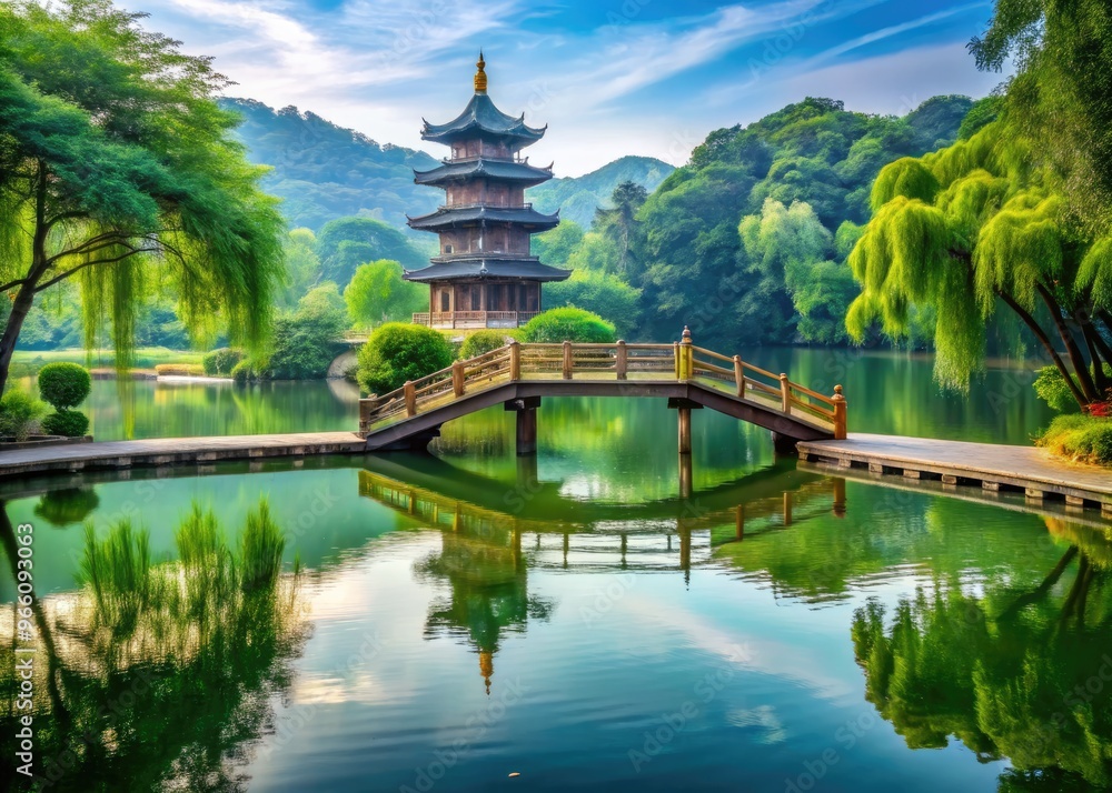 Serene Lake With Lush Greenery, A Bridge And Pagoda In The Distance, Offering A Tranquil Escape In The Heart Of Nature. Serene Lake With Lush Greenery, A Bridge And Pagoda In The Distance, Offering A Tranquil Escape In The Heart Of Nature.