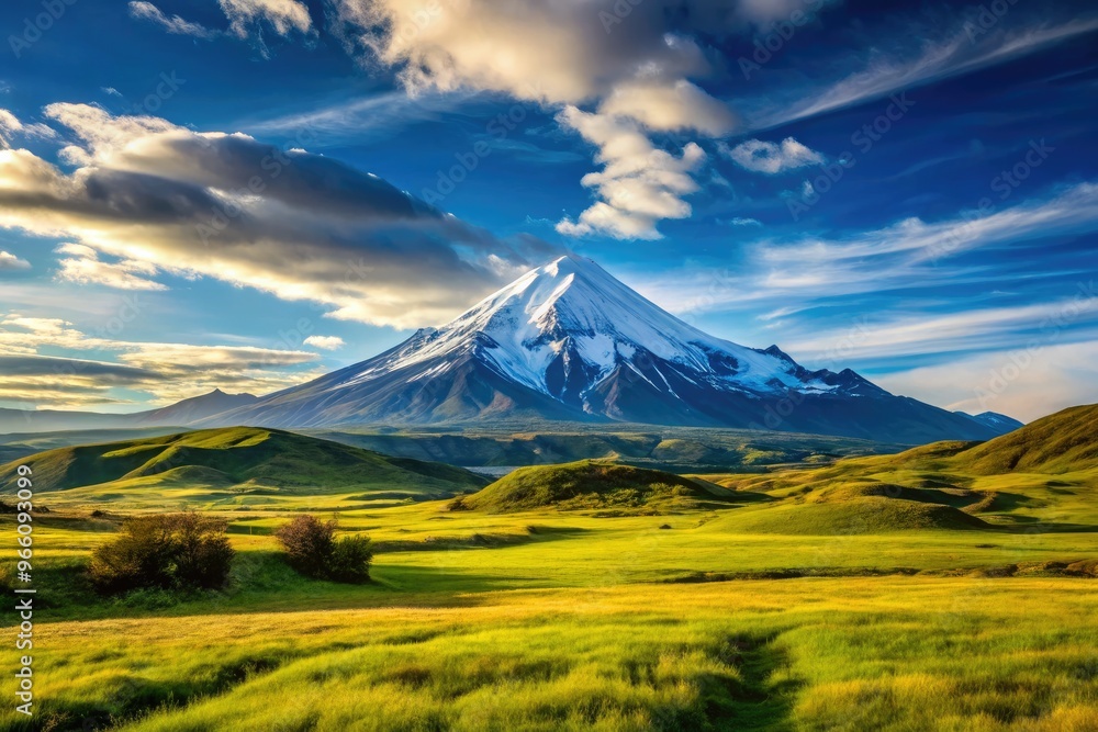 Fototapeta premium Serene landscape contrasting a rolling, grassy plateau with a rugged, snow-capped mountain peak in the distance, under a clear blue sky with wispy clouds.