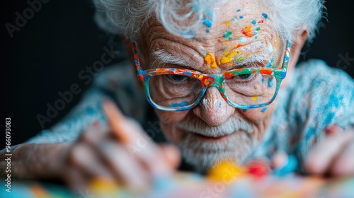 An elderly man dedicatedly painting, with colorful paint splatters on his face and vibrant glasses. This shows the persistence and joy of artistic expression in old age. photo