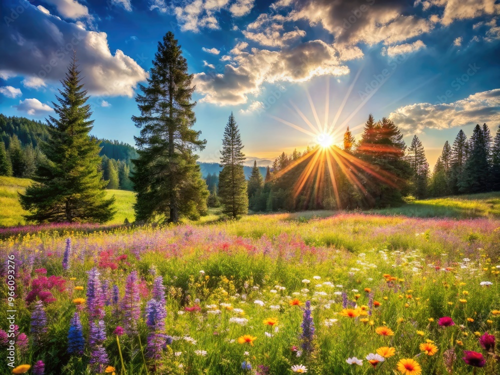 Φωτογραφία Serene landscape of a sunlit meadow with vibrant wildflowers swaying gently in the breeze, surrounded by towering trees and a bright blue sky