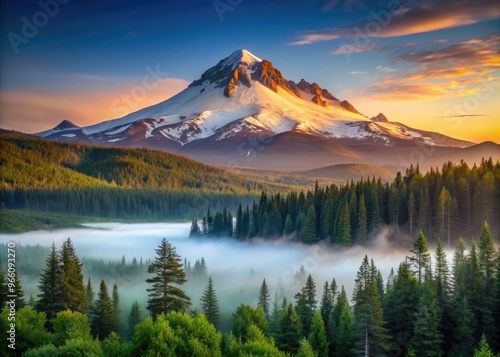 Serene landscape of Hamaker Mountain in Oregon, featuring a snow-capped peak set amidst lush green forests and a tranquil misty atmosphere at dawn.