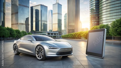 A sleek, silver car parked on a city street, surrounded by modern skyscrapers, with a blank, high-tech tablet photo