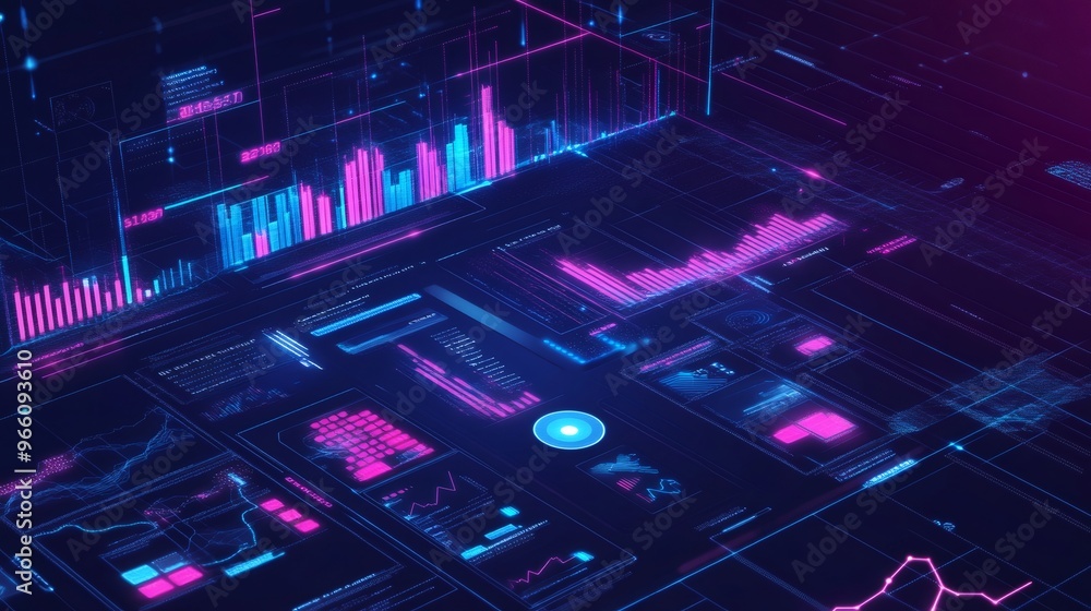 Abstract digital interface with glowing neon pink and blue lines and bars on a black background. Abstract digital interface with glowing neon pink and blue lines and bars on a black background.