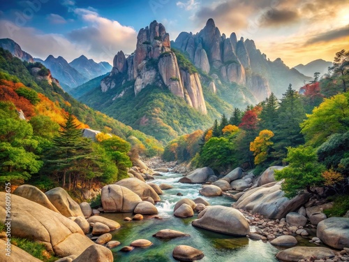 Serene mist-shrouded Seoraksan National Park landscape featuring rugged granite peaks, ancient forests, and meandering streams in South Korea's majestic Taebaek Mountains. photo