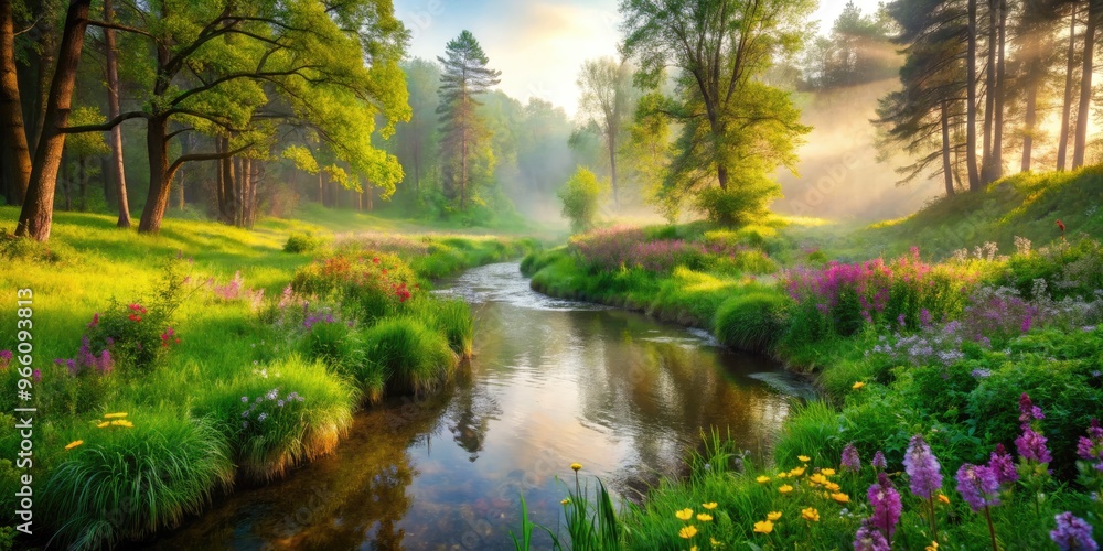 Serene misty morning forest with lush green trees, vibrant wildflowers, and a meandering stream, creating a peaceful and idyllic natural scenery for relaxation. Serene misty morning forest with lush green trees, vibrant wildflowers, and a meandering stream, creating a peaceful and idyllic natural scenery for relaxation.