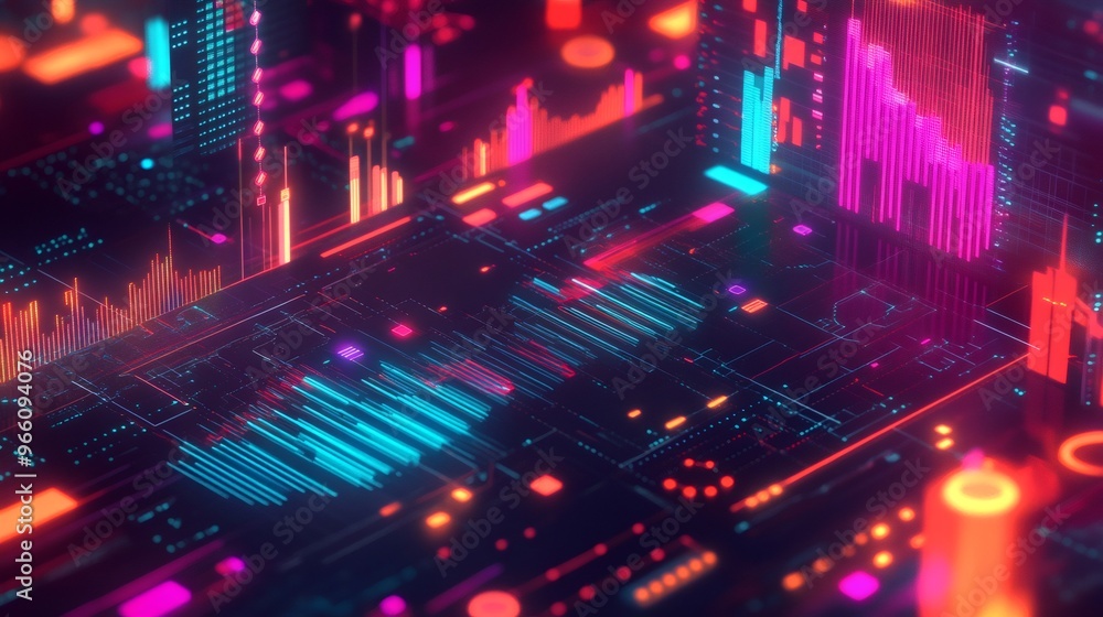 Abstract digital neon background with glowing lines, bars and dots in pink, blue and red colors. Abstract digital neon background with glowing lines, bars and dots in pink, blue and red colors.