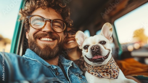 A cheerful couple enjoys a road trip in their car with their happy dog, creating a joyful and adventurous atmosphere filled with companionship, exploration, and good times. photo