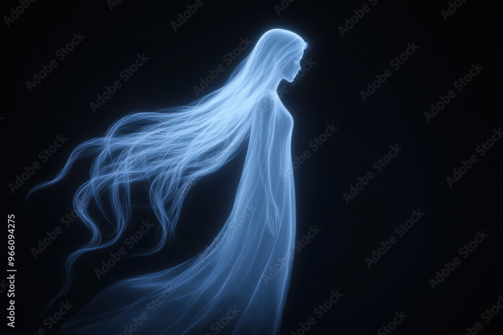 Ethereal figure with flowing hair in a ghostly aura, beautifully illuminated against a dark background, conveying a sense of calm and mystery. Ethereal figure with flowing hair in a ghostly aura, beautifully illuminated against a dark background, conveying a sense of calm and mystery.