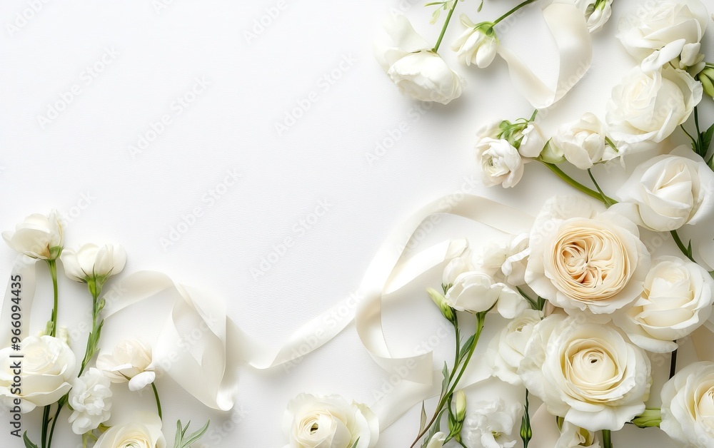 Obraz premium A serene arrangement of white flowers and ribbons on a soft background, ideal for weddings or floral design inspiration.