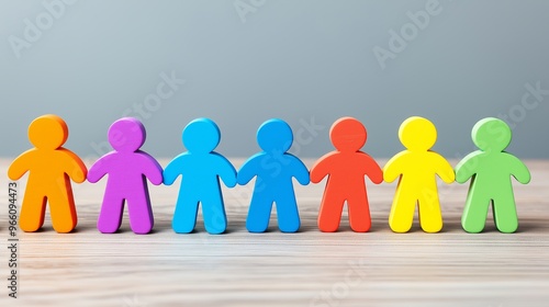 A group of people are holding hands in a row. The people are of different colors, and they are all standing on a wooden surface