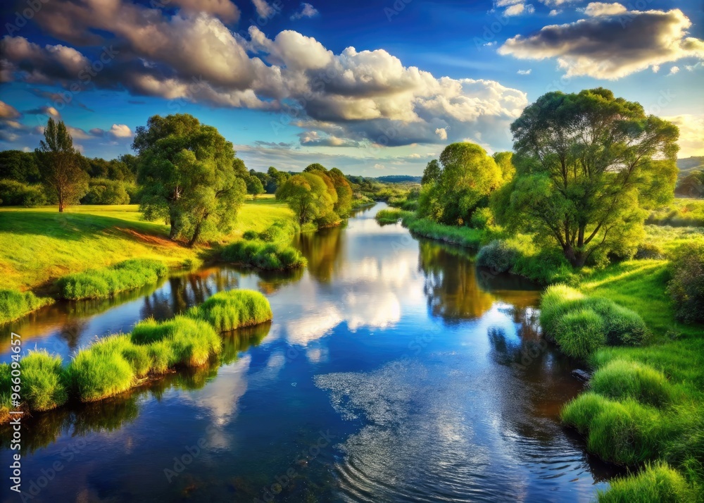 Serene River Meandering Through A Tranquil Landscape With Lush Greenery Lining Its Banks Serene River Meandering Through A Tranquil Landscape With Lush Greenery Lining Its Banks