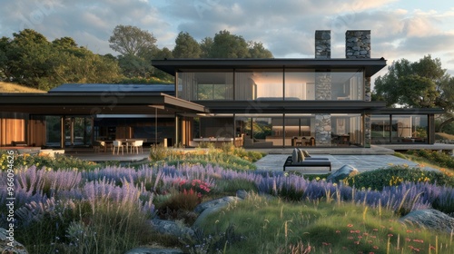 Modern house with large windows and stone accents set in a lush garden with colorful flowers and greenery