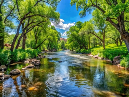 Serene scenic view of the Poudre River flowing peacefully beneath a canopy of lush green trees along the winding river trail in northern Colorado.