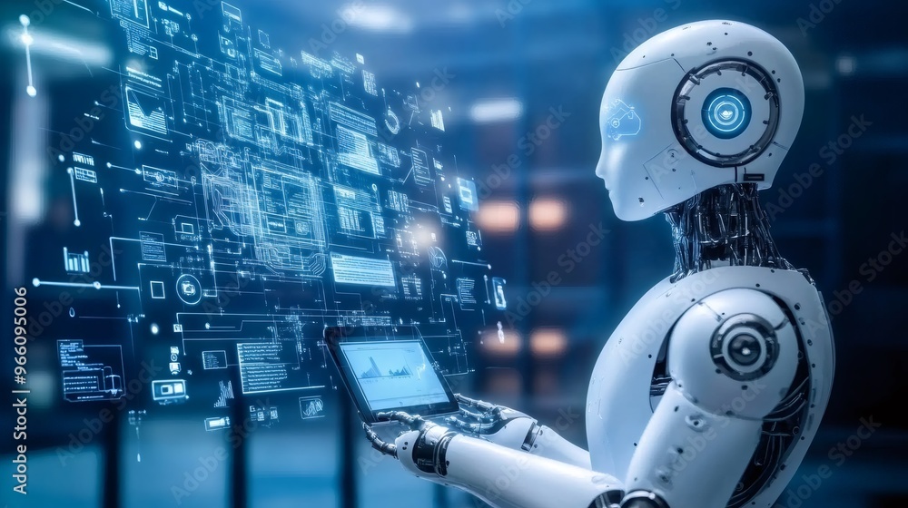 Futuristic robot analyzing data on a digital tablet in a modern office. Futuristic robot analyzing data on a digital tablet in a modern office.