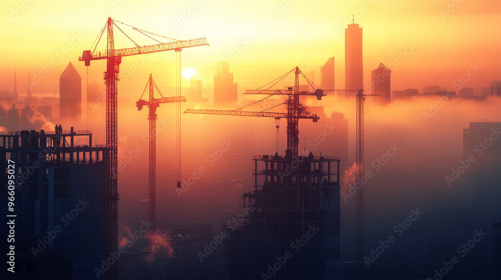 first light touching cranes as workers begin their shift creates stunning silhouette against vibrant sunrise. scene captures essence of urban development and hope first light touching cranes as workers begin their shift creates stunning silhouette against vibrant sunrise. scene captures essence of urban development and hope