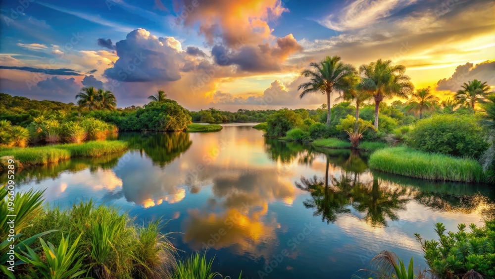 Φωτογραφία Serene tropical landscape of Green Cay Wetlands in Boynton Beach, Florida, featuring lush vegetation, calm waters, and a tranquil atmosphere at sunset