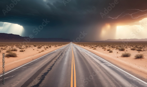 A straight road cuts through the desert, with a dark storm cloud overhead