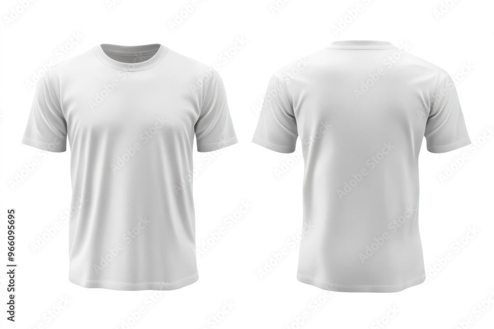 Front and back view of a white blank T-shirt shown. Front and back view of a white blank T-shirt shown.