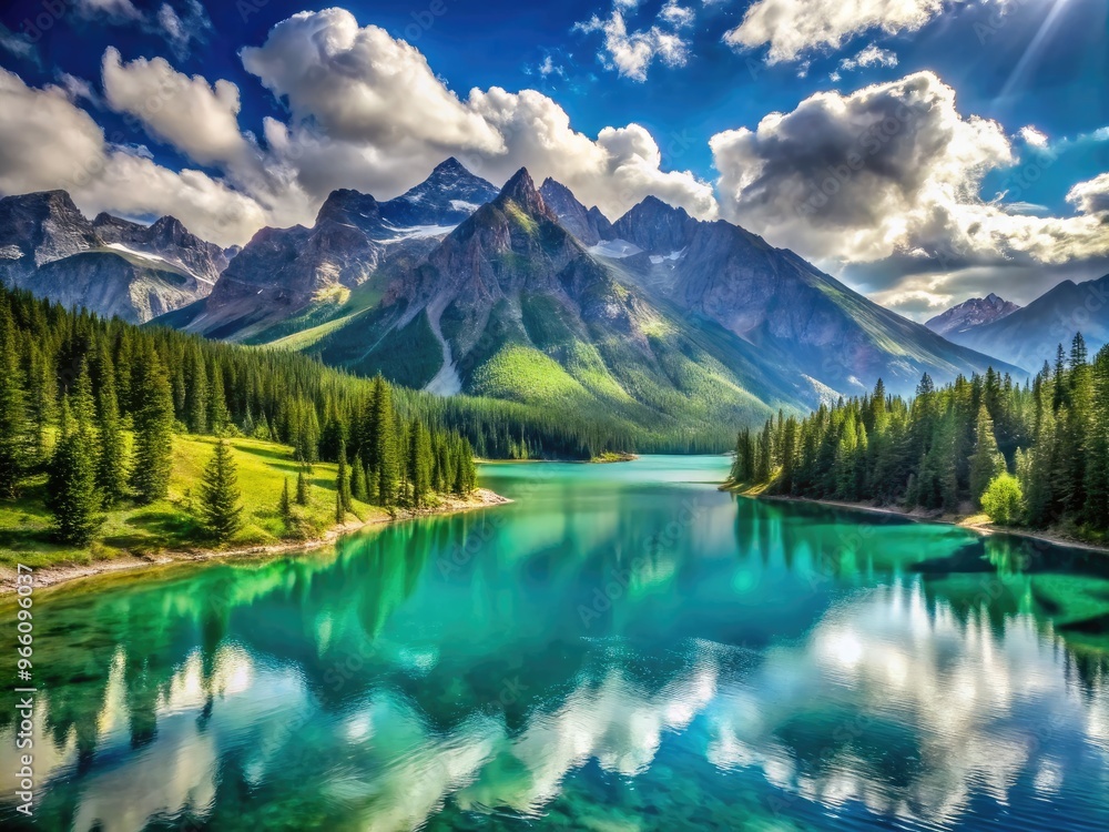 Serenely majestic landscape featuring a vast, misty mountain range with lush green forests, sparkling turquoise lake, and a few wispy clouds against a sunny blue sky. Serenely majestic landscape featuring a vast, misty mountain range with lush green forests, sparkling turquoise lake, and a few wispy clouds against a sunny blue sky.
