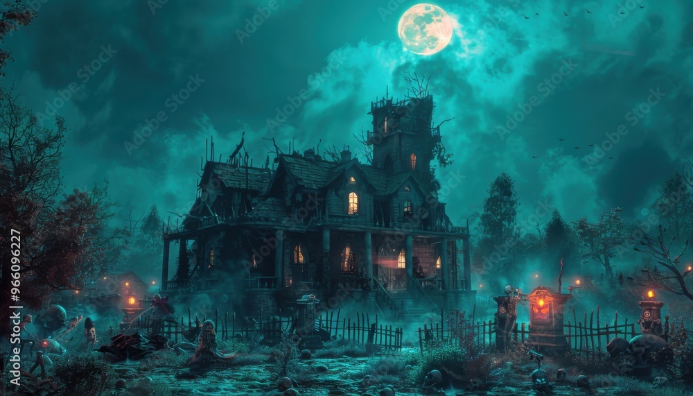Fototapeta premium Eerie haunted house under full moon with spooky atmosphere and glowing windows, surrounded by fog and dark trees, perfect for Halloween theme.
