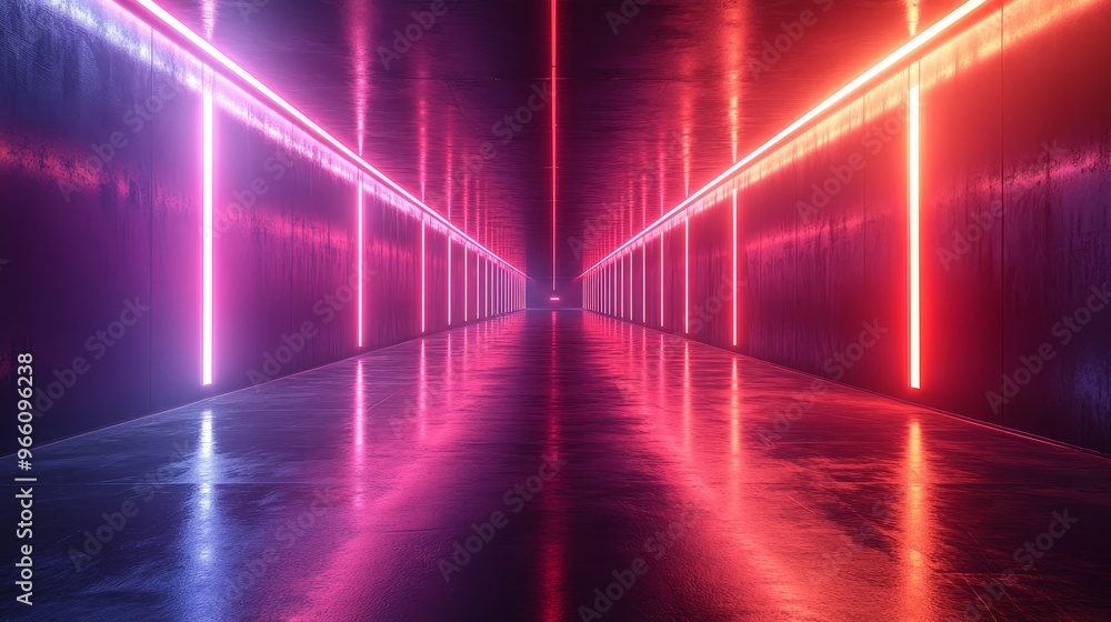 A long, narrow hallway with neon lights on the walls A long, narrow hallway with neon lights on the walls
