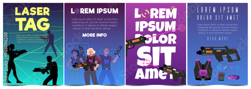 Laser tag players people with laser gun, game invitation advertising posters vector set, gamers, combat equipment weapon
