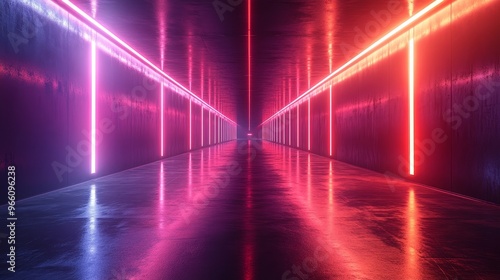 A long, narrow hallway with neon lights on the walls