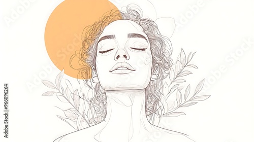 Serene Woman with Sun and Leaves – Minimalistic Line Art