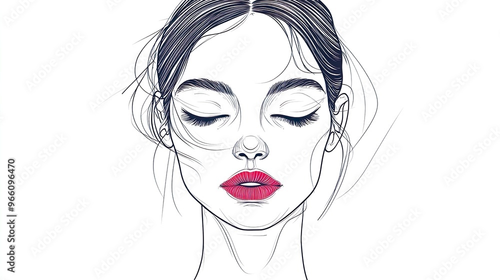 Minimalistic Line Drawing of Woman's Face with Bold Red Lips Minimalistic Line Drawing of Woman's Face with Bold Red Lips