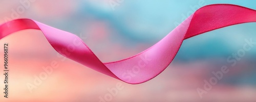 Elegant pink ribbon flowing gracefully against a soft, colorful background, perfect for celebration and decoration themes. photo