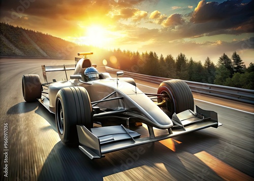 Sleek, high-performance open-wheel racing car in metallic silver, accelerating out of a turn on a sun-drenched asphalt track, rear wheels spinning in motion. photo