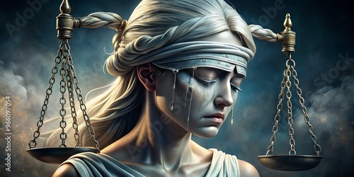 A sorrowful blindfolded female figure, symbolizing justice, weeps tears of sorrow, her face contorted in anguish, as photo