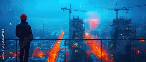 A blueprint of a construction site with cranes and buildings, showcasing the industrial essence of architectural design. The blue background enhances the visual appeal, creating an atmosphere of moder photo