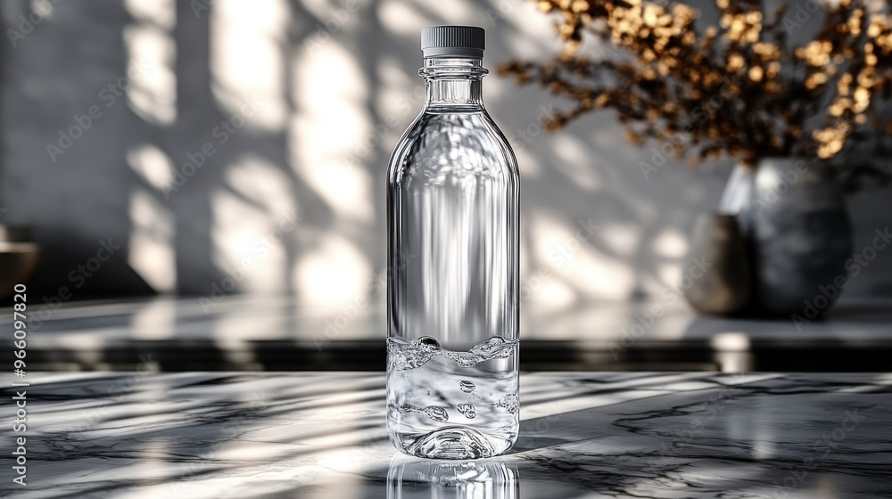 A clear water bottle on a marble surface with soft lighting. A clear water bottle on a marble surface with soft lighting.