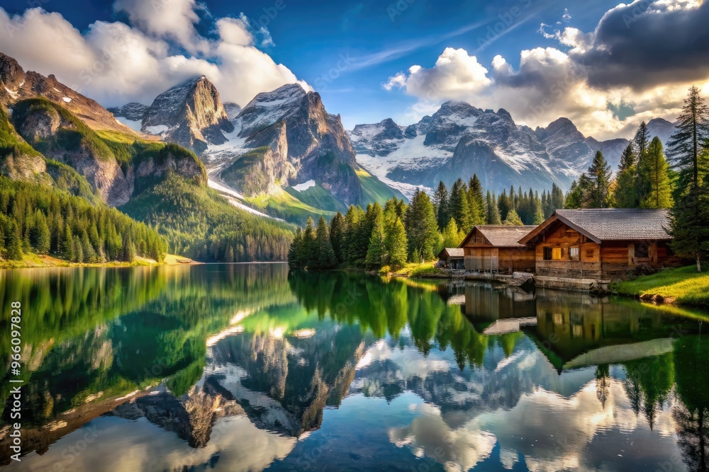 Snow-capped peaks stretch towards the sky as a serene alpine lake reflects the majestic landscape, surrounded by lush greenery and rustic wooden cabins in the distance. Snow-capped peaks stretch towards the sky as a serene alpine lake reflects the majestic landscape, surrounded by lush greenery and rustic wooden cabins in the distance.
