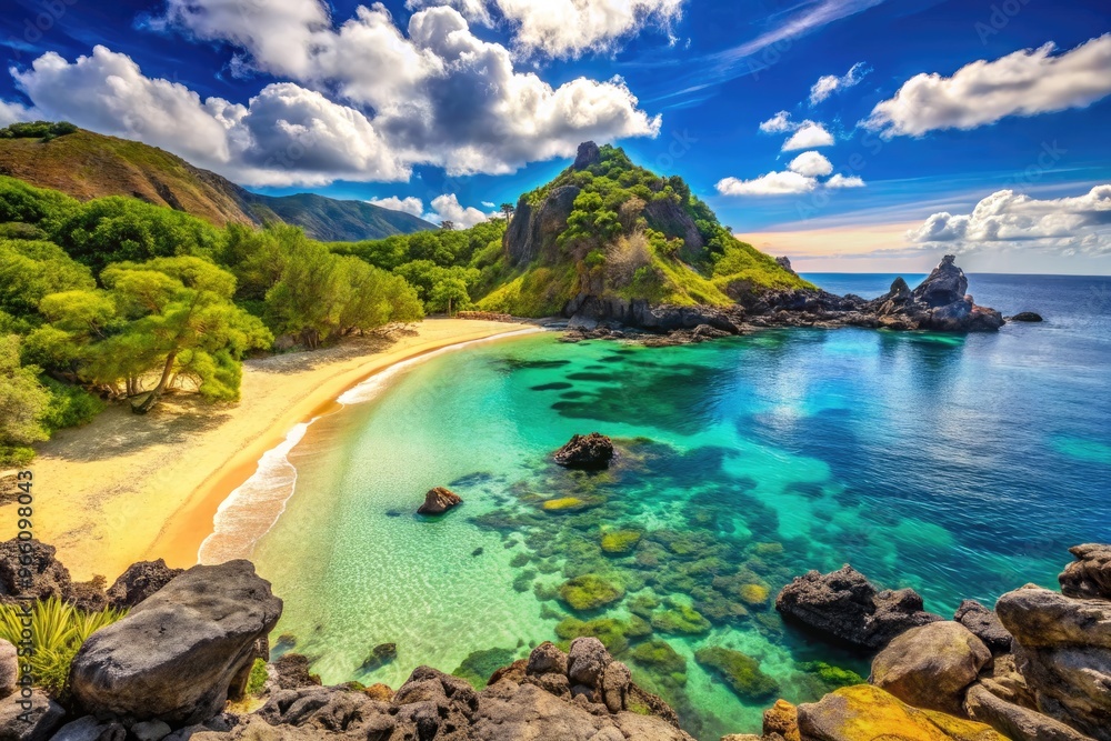 Soft golden sand meets crystal-clear turquoise waters at this picturesque beach, surrounded by lush greenery and ancient volcanic rocks. Soft golden sand meets crystal-clear turquoise waters at this picturesque beach, surrounded by lush greenery and ancient volcanic rocks.