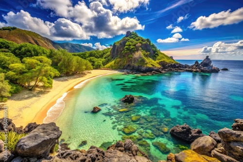 Soft golden sand meets crystal-clear turquoise waters at this picturesque beach, surrounded by lush greenery and ancient volcanic rocks.