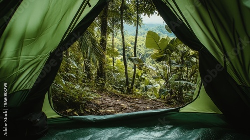 Views of a tropical jungle from the green tent. Summer, travel, nature, lush trees. generative ai