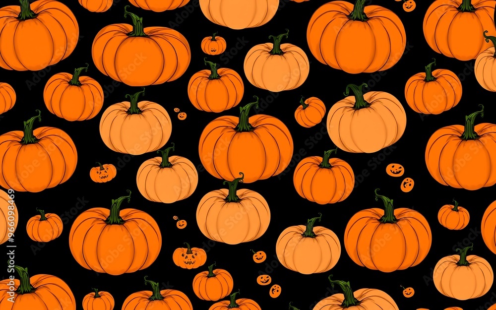 Orange pumpkins on black background, Halloween festive pattern, spooky and fun.
Orange pumpkins on black background, Halloween festive pattern, spooky and fun.