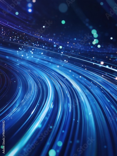 Curved lines of blue light with scattered white dots