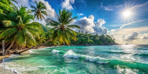 Sparkling turquoise waves gently lap against a sun-kissed shoreline  surrounded by lush green tropical foliage and majestic palm trees  evoking a sense of serenity.