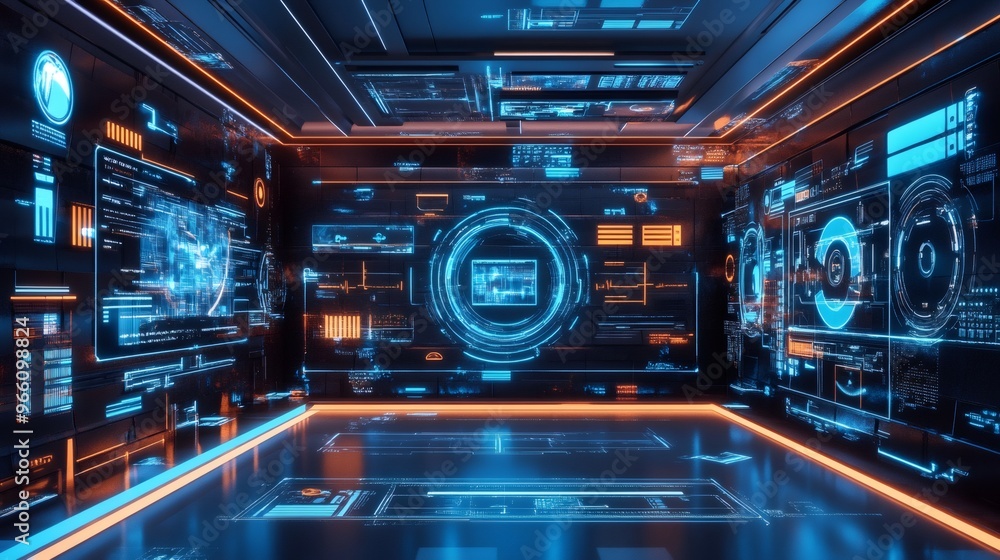 Futuristic room with glowing neon lights and digital screens. Futuristic room with glowing neon lights and digital screens.