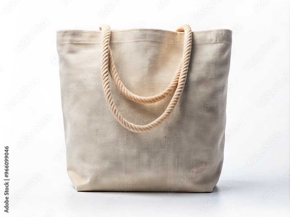 A stylish, empty, beige canvas tote bag with twine handles and a natural texture, isolated on a clean A stylish, empty, beige canvas tote bag with twine handles and a natural texture, isolated on a clean