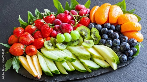 A vibrant arrangement of fresh fruits, showcasing a variety of colors and textures for a healthy and appealing presentation.