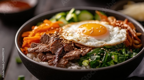 A detailed close-up shot of a Korean Bibimbap bowl showing a fried egg atop an assortment of vegetables and sliced meat, highlighting the vibrant and flavorful dish.