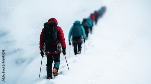 A determined group of climbers trekking through snowy and challenging conditions in single file, showcasing teamwork, resilience, and an adventurous spirit. photo