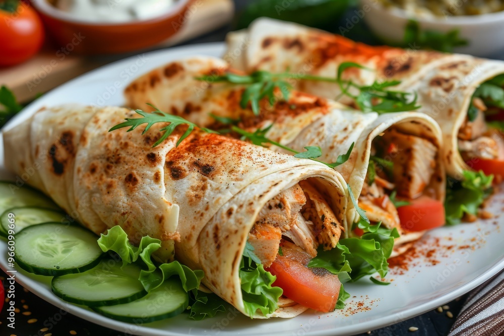 Chicken Shaverma, Doner Kebab with Vegetables on a White Plate Close Up, Wheat Tortillas Stuffed Chicken Shaverma, Doner Kebab with Vegetables on a White Plate Close Up, Wheat Tortillas Stuffed