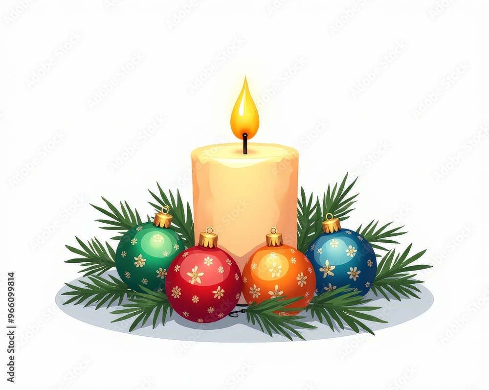 3D Christmas Decorations Balls Fir Tree Branch Candle Bow on white background isolated 3D Christmas Decorations Balls Fir Tree Branch Candle Bow on white background isolated